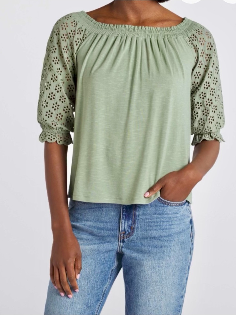 Daniel Rainn Ashley Woman’s Green Crochet Sleeve Knit Top Size M
